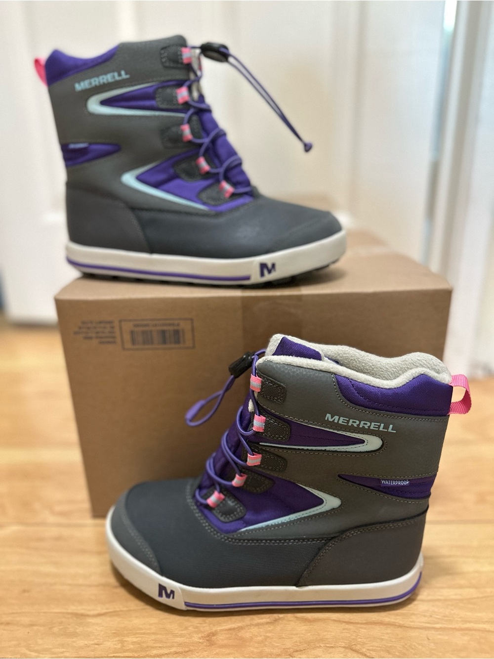 NWOT Merrell Sz 4M Kids Purple, Gray & Pink Waterproof Winter Boots $75 MSRP